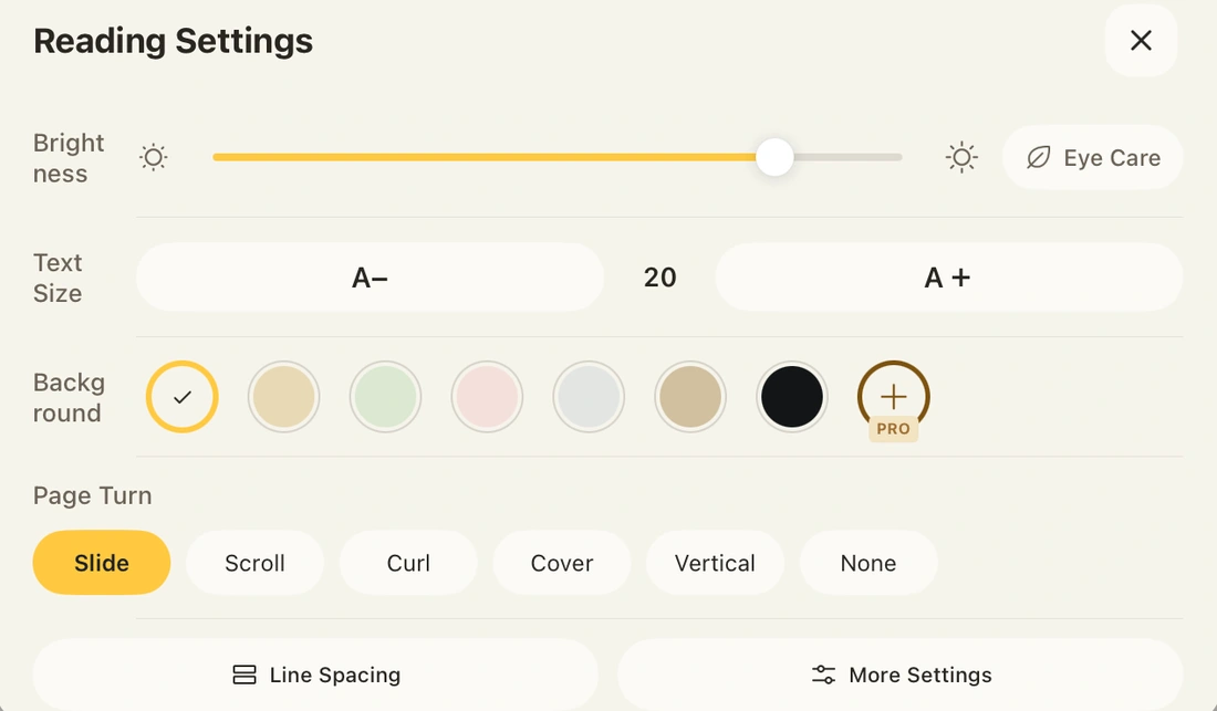 Reading settings with brightness, text size, and background controls